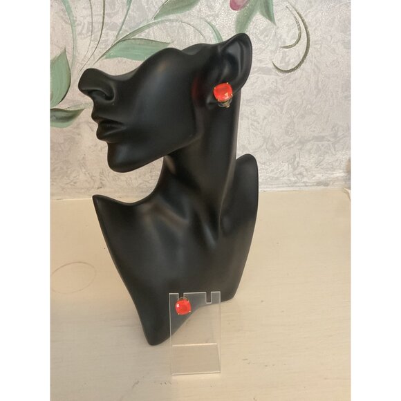 Coral Colored Square Stud Earrings With Gold Setting - Picture 1 of 3